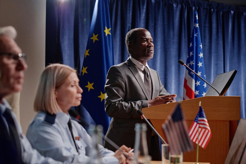 Businessman giving his speech at conference